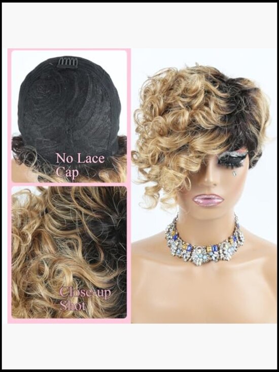 Short Pixie Cut Wig Human Hair Ombre Curly Bob with Side Bangs Glueless Full